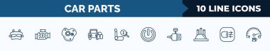 set of 10 car parts web icons in outline style. thin line icons such as car brake pad, car carburettor, oil pump, lock, air bag, ignition, distributor, fog lamp vector illustration.