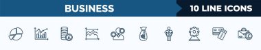 set of 10 business web icons in outline style. thin line icons such as portion pie chart, measuring success, pounds coins stack, dual chart, man with solutions, euro money bag, man holding a big