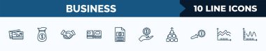 set of 10 business web icons in outline style. thin line icons such as music business card, dollar on business time, shaking hands, broken credit card, bailment, hand with money gear, item