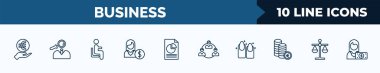 set of 10 business web icons in outline style. thin line icons such as euro coin on hands, professional advance, sitting, woman with money, pie chart file, work parteners, nails, scale in balance