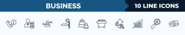 set of 10 business web icons in outline style. thin line icons such as numbered information, man carrying money, stats pyramid, man with moustach, two shopping bags, mining cart, increase rate, euro