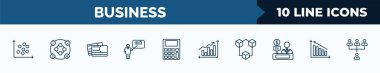 set of 10 business web icons in outline style. thin line icons such as scatter chart, item interconnections, color business card, man presentation, calculator maths tool, profit chart, connection