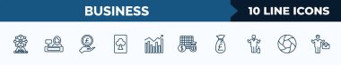set of 10 business web icons in outline style. thin line icons such as big ferris wheel, supermarket cashier, pound coin on hands, club card, marketing chart, economy games, pounds money bag,