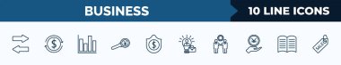 set of 10 business web icons in outline style. thin line icons such as two way arrows, return of investment, column chart, yen business search, dollar money protection, success man, partners in