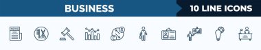 set of 10 business web icons in outline style. thin line icons such as newspaper page, hair salon, punishment, graphs, currency exchange, employee going to work, journalist id card, strategic vector