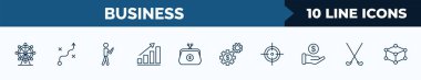 set of 10 business web icons in outline style. thin line icons such as big wheel, tactic, man looking, statistical chart, coin purse, business, target, golf sticks vector illustration.