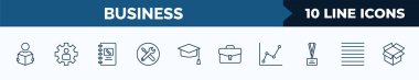 set of 10 business web icons in outline style. thin line icons such as reader, expert, address book, tool button, graduation ceremony, business briefcase, graphic chart, lines vector illustration.