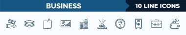 set of 10 business web icons in outline style. thin line icons such as give money, stack, post it, progress report, corporation, stack of gold, nepalese, rectangular briefcase vector illustration.