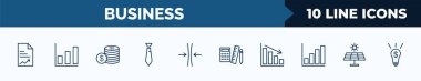 set of 10 business web icons in outline style. thin line icons such as paper graphic, bars chart, stacks of coins, black tie, thin, maths tool, deficit, graphic panel vector illustration.