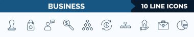 set of 10 business web icons in outline style. thin line icons such as rubber stamp, supermarket bag, man talking, money finder, hierarchical order, money convert, hierarchy structure, briefcase