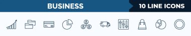 set of 10 business web icons in outline style. thin line icons such as graphic progression, two folders, banking card, pie graphic, cooperate, logistic, tones, circular pie chart vector