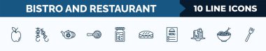 set of 10 bistro and restaurant web icons in outline style. thin line icons such as with skin, two brochettes, vintage teapot, restaurant fried egg, jar full of food, long sandwich, menu card,