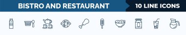 set of 10 bistro and restaurant web icons in outline style. thin line icons such as milk brick, yogurt with spoon, tea, paella with parwns, fried chicken thighs, ice pop, appetizers bowl, lemonade