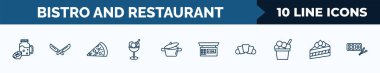 set of 10 bistro and restaurant web icons in outline style. thin line icons such as drink jar, big knife, pepperoni pizza slice, ice cream balls cup, bistro pot, electric weight scale, bakery