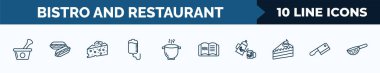 set of 10 bistro and restaurant web icons in outline style. thin line icons such as mortar with e, hot dog with ketchup, piece of cheese, infusion bag, boiling water pan, open menu, pouring coffe,