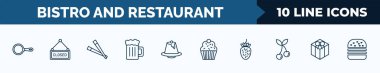 set of 10 bistro and restaurant web icons in outline style. thin line icons such as frying pan from top, closed, chopsticks, foamy beer jar, creme caramel, cupcake with cream, strawberry drawing,