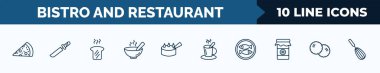 set of 10 bistro and restaurant web icons in outline style. thin line icons such as pepperoni pizza, thin knife, toasted bread, hot soup, decorated cake, breakfast cup, kitchen fish, pita bread