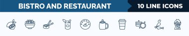 set of 10 bistro and restaurant web icons in outline style. thin line icons such as half lemon, bowl of olives, sushi piece, open tin with spoon, measurement jar, hot mug, cardboard cup, chicken