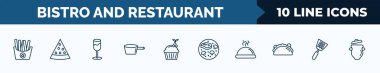 set of 10 bistro and restaurant web icons in outline style. thin line icons such as french fries box, watermellon slice, wide glass, lateral pan, cupcake with cherry, combine meal, tray and cover,