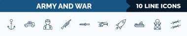 set of 10 army and war web icons in outline style. thin line icons such as anchor, army car, general, grenade launcher, military knife, helicopter, launcher, infantry vector illustration.