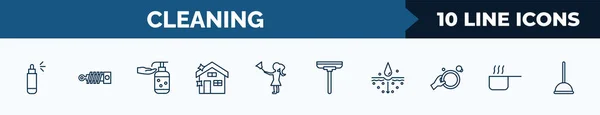 Set Cleaning Web Icons Outline Style Thin Line Icons Spray — Archivo Imágenes Vectoriales
