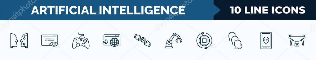 set of 10 artificial intelligence web icons in outline style. thin line icons such as turing test, page views, game control, visit, finger control, mechanical arm, rotation, ip vector illustration.