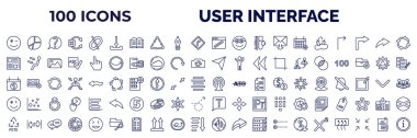 set of 100 user interface web icons in outline style. thin line icons such as wink smile, download arrow, gross pencil, rubbish, newspaper folded, navigation arrows, first date, winking smile, 1