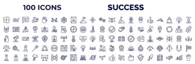 set of 100 success web icons in outline style. thin line icons such as jigsaw, fight, gears, accept, idea magnet, quality, open padlock, experience, rook, decision, quick, increase vector.