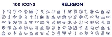 set of 100 religion web icons in outline style. thin line icons such as arabian lantern, monastery, medina, cobra, haram, sacred cow, wicca, rub el hizb, wat phrakaew, temple, burning bush, chi rho