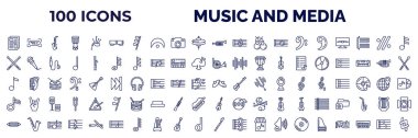 set of 100 music and media web icons in outline style. thin line icons such as newspaper report, amplifier, trombone, breath mark, drumstick, french horn, eighth note, flat, harmonica, pennywhistle,