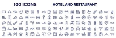 set of 100 hotel and restaurant web icons in outline style. thin line icons such as key card, agenda, food, spaghetti, rent a car, restaurant tray, hot stones, take away, bellboy, coffee, minibar,