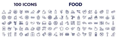 set of 100 food web icons in outline style. thin line icons such as hotel service, dog food, congratulations, fruits, yusheng, drinking, and grapes, fodder, , dried fish, disposable paper cup, cup