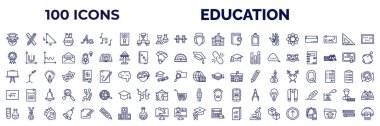set of 100 education web icons in outline style. thin line icons such as owl, song, eugene onegin, photon, diploma with seal, graduation hat, canvas, square root in class, chemical test tube,