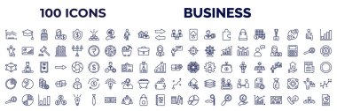 set of 100 business web icons in outline style. thin line icons such as spike chart, stack of gold, men couple, economy games, man succesing, man presentation, structure, quarter pie chart, dollar
