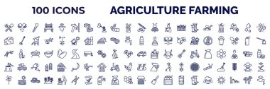 set of 100 agriculture farming web icons in outline style. thin line icons such as pitchfork, hammering, legume, mower, cheese, milk jar, pruning shears, wood chop, pinwheel, water well, sheep,