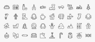 set of 40 winter icons in outline style. thin line icons such as goggles, themos flask, lights, christmas tree, winter boots, winter cabin, snowshoes, fir, snowy mountain, safety glasses, coat,