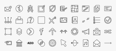 set of 40 user interface icons in outline style. thin line icons such as new message, artboard, gross pencil, postal, question button, insert picture, expand tool, right button, amplified speaker,