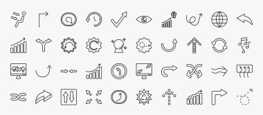 set of 40 user interface icons in outline style. thin line icons such as air outlet, clockwise drawn arrow, swirly scribbled arrow, back drawn arrow, downward rotation, scribble broken line, up