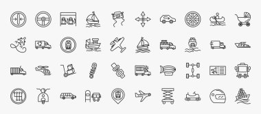 set of 40 transport icons in outline style. thin line icons such as slim, petrol station, alloy wheel, baby trolley, tram stop label, sailing boat, ferry carrying cars, cart with boxes, chassis,