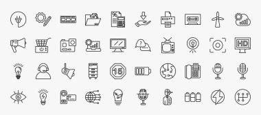set of 40 technology icons in outline style. thin line icons such as electrical plug, horizontal film strip, caste tape, cloud analysis, , asking, robot vacuum, cinema light with cable, fax phone,