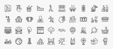 set of 40 sauna icons in outline style. thin line icons such as dousing shower, green sauna, sauna temperature, smoke sound stimulation, body heat gain, kneipp hose, core temperature, 2steam bath,