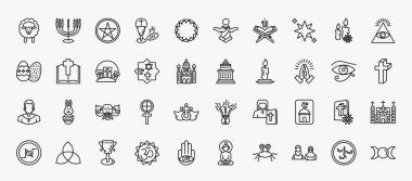 set of 40 religion icons in outline style. thin line icons such as lamb, pagan, holy star, cao dai, calvary, doi suthep, pray, holy elephant, , goblet, muslim, induence editable vector.