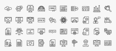 set of 40 programming icons in outline style. thin line icons such as cloud storage, program error, theme, optimization, seo monitoring, cyberspace, css file format, 404 error, programming language,