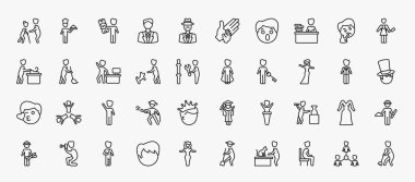 set of 40 people icons in outline style. thin line icons such as help the elderly, man with money, working at the office, butcher with knife, worker success, playing with a rope, bridesmaids, waving