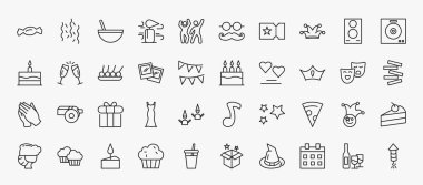 set of 40 party icons in outline style. thin line icons such as candy paper, bowl with straw, clown head, dj playing records, skewer, cake with three candles, king crown, giftbox with ribbon, pizza