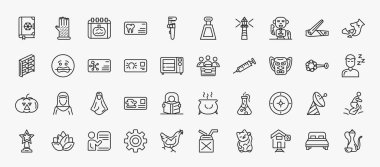 set of 40 other icons in outline style. thin line icons such as speell book, pumpkin calendar, robot of japan, broken vase, chemistry business card, limited liability, japanese demon, araba woman,