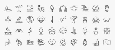 set of 40 nature icons in outline style. thin line icons such as wate, savannah, waste water, flower bouquet, fengshui, leafless tree, plant pot, prairie, the maples tree, palm islands, flower