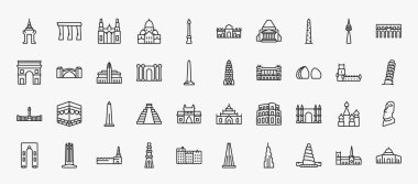 set of 40 monuments icons in outline style. thin line icons such as cambodia, cathedral, walled obelisk, segovia aqueduct, hassan mosque, amritsar, al shaheed monument, obelisk of bue aires, spain,