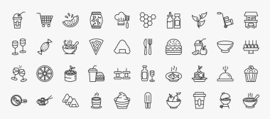 set of 40 food icons in outline style. thin line icons such as plastic drinking cup, melon slice, herb, popcorn shop, bowl of food, knife and fork, smoothies, fruit cake, pancake, japanese sushi,