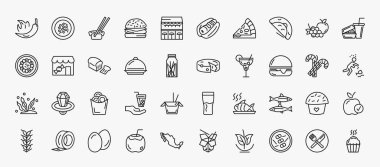 set of 40 food icons in outline style. thin line icons such as hot chilli pepper, sushi and chopsticks, oyster omelette, hamburger and drink, loaf of bread, cheese wedge, hamburger with bacoon,